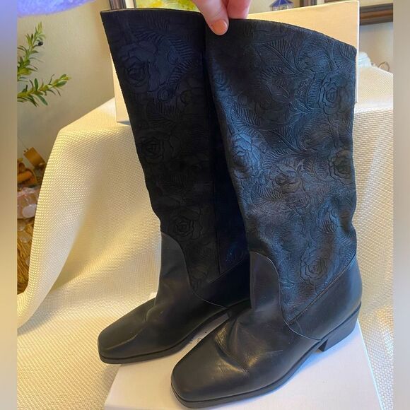 Suela square toe embossed suede leather knee high boots size 8.5 made Brazil - Picture 1 of 8